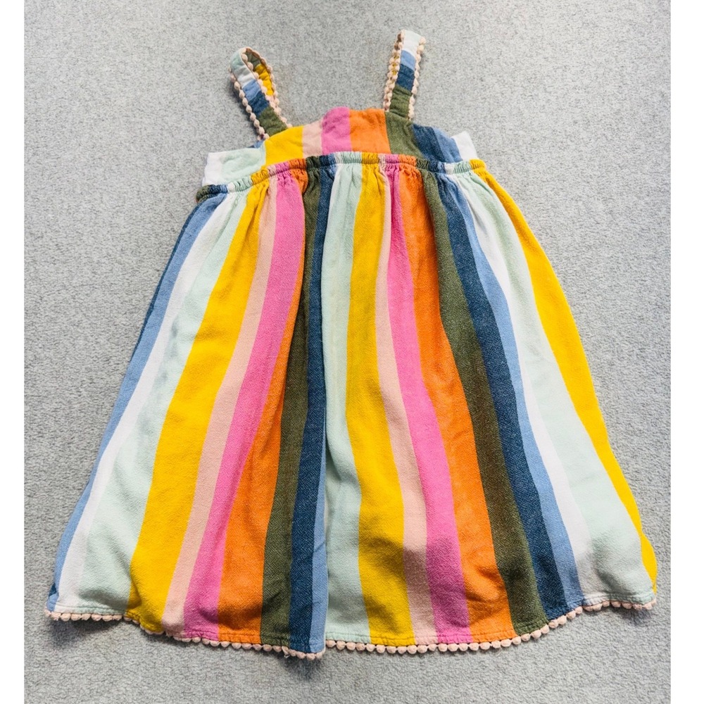 Tahari Girls 4T Rainbow Stripe Sundress Linen Blend Pom Pom Trim Summer Dress